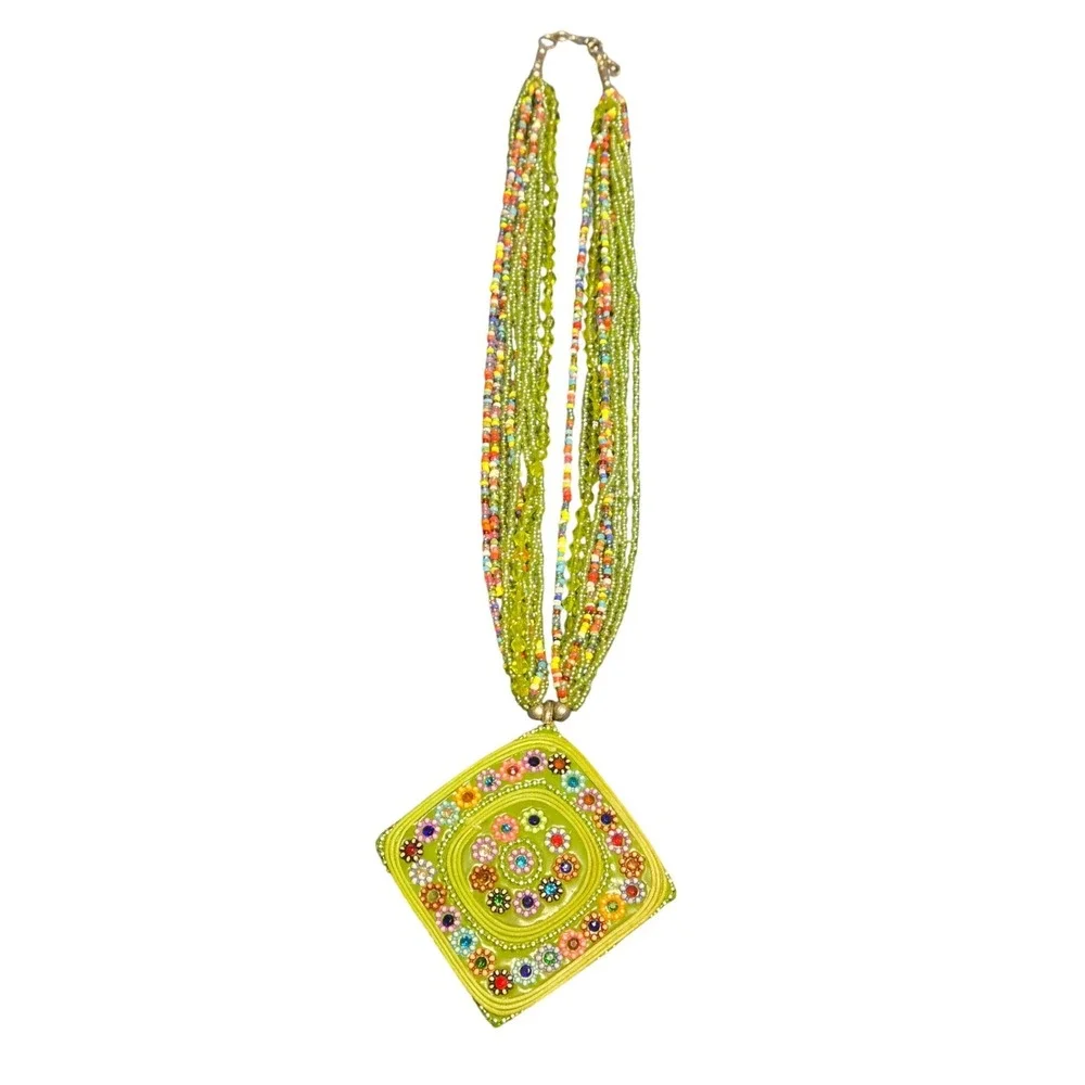 Multistrand Green Beaded Statement Necklace Large Mosaic Pendant Boho Artisan